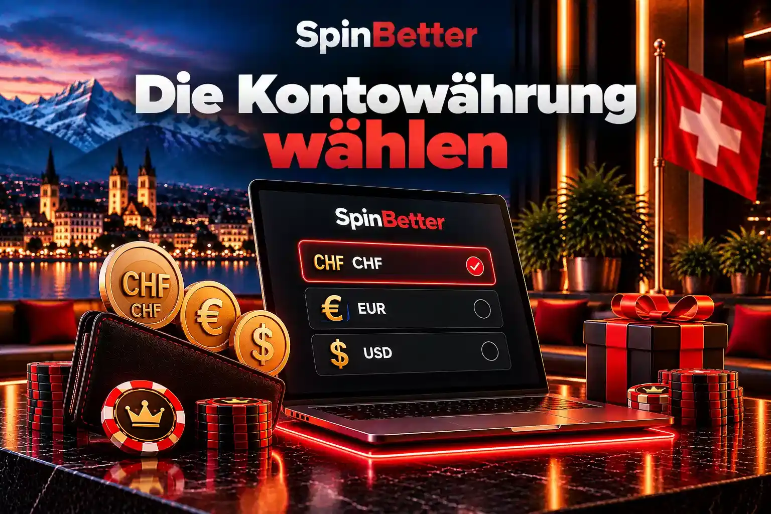 Die Kontowährung wählen: Auswahlfeld mit Franken, Euro und weiteren Währungen bei SpinBetter