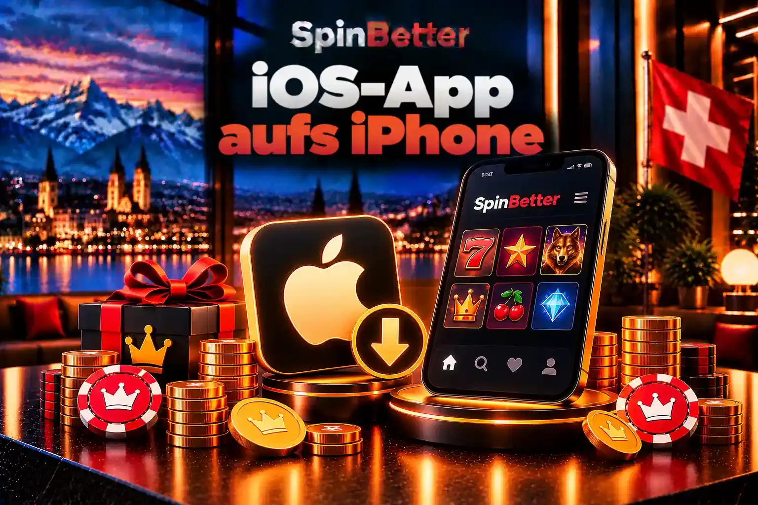 iOS-App aufs iPhone: iPhone mit Apple-Symbol und Casino-Oberfläche bei SpinBetter