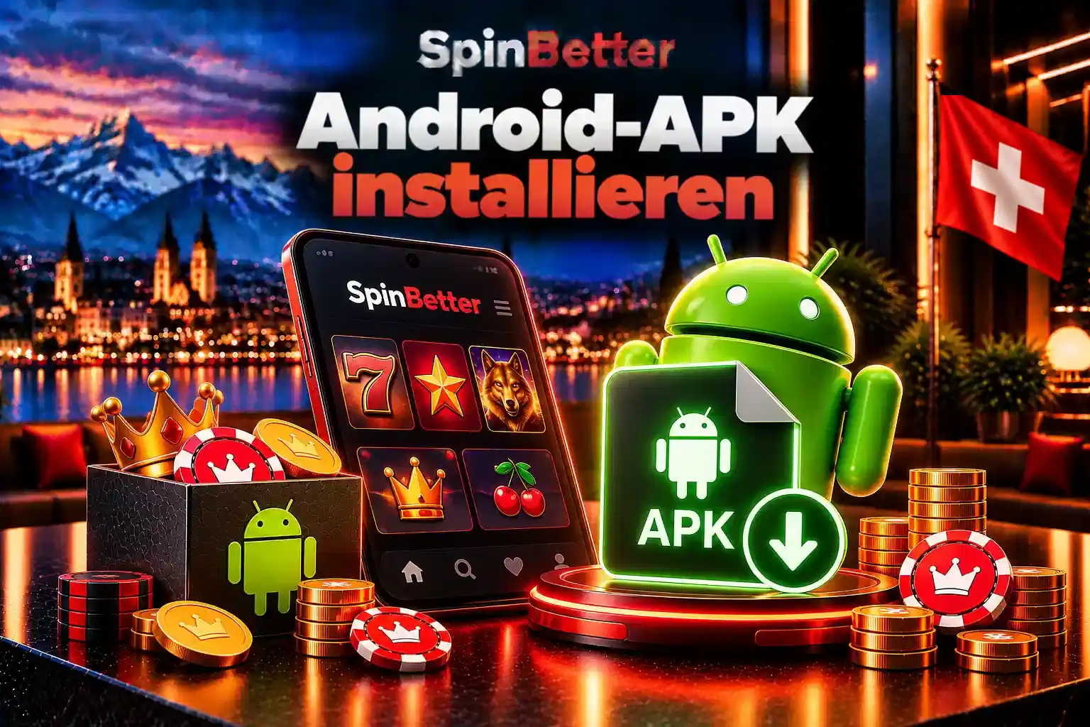 Android-APK installieren: Handy mit Android-Symbol und Download-Pfeil bei SpinBetter