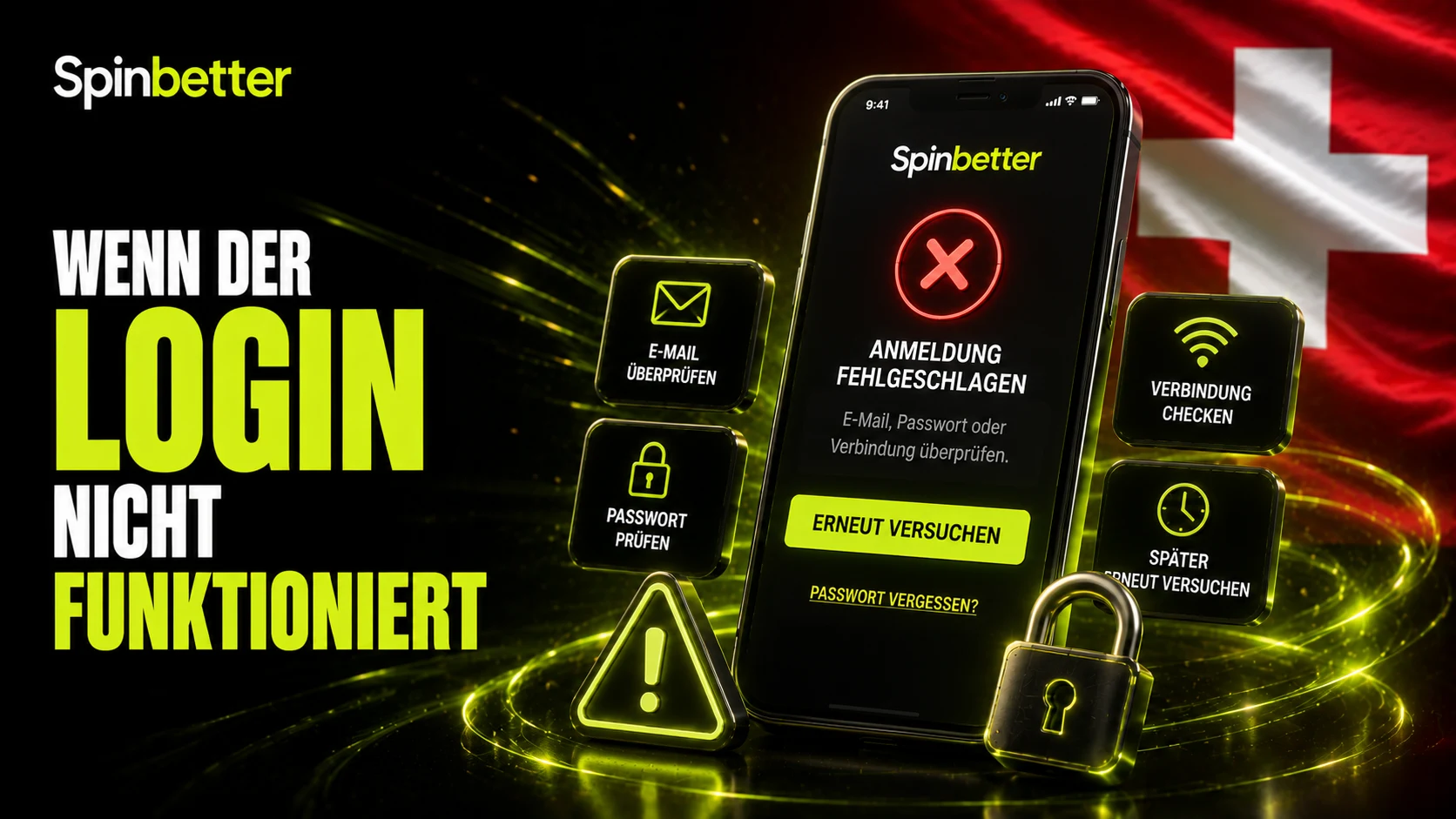 Wenn der Login nicht funktioniert: Hinweisfenster mit Fehlermeldung zum Zugang bei SpinBetter